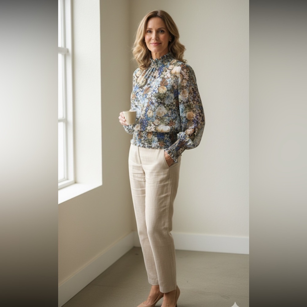 Rachel Zoe Blue and Cream Floral Blouse